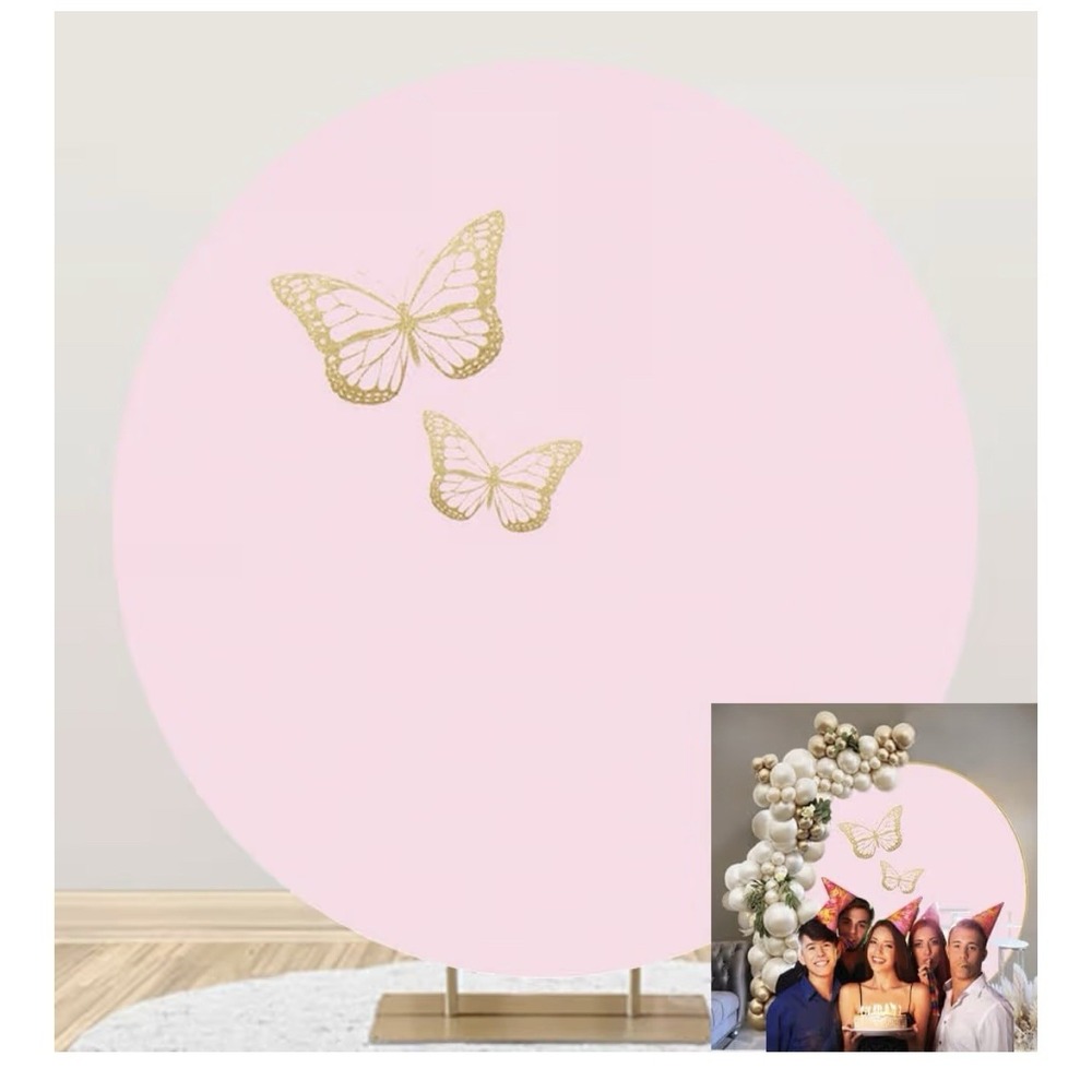 Round Pink Butterfly Flower Backdrop Girls Birthday Photography Background Decor